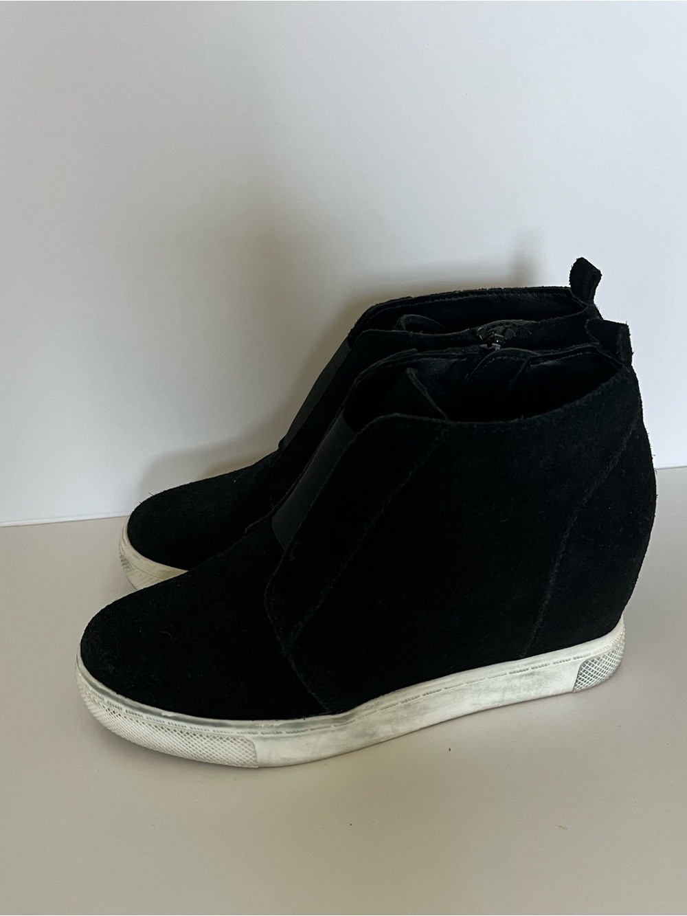 Steve Madden Black Suede Hidden Wedge Sneaker Booties
